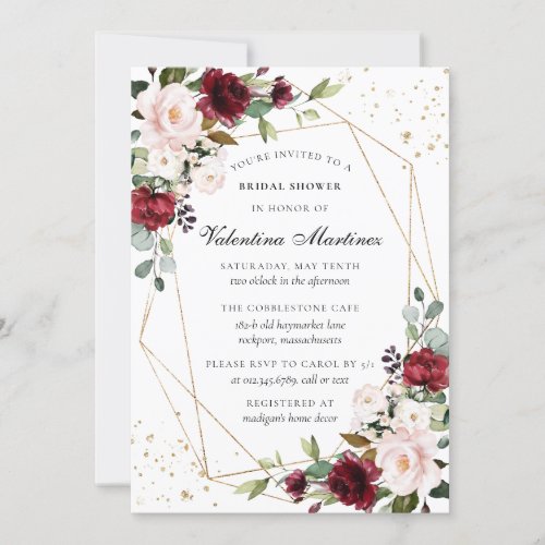 Burgundy Pink Floral Gold Geometric Bridal Shower Invitation