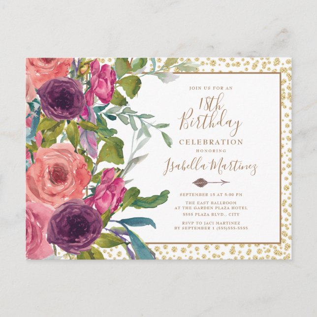 Burgundy Pink Floral Gold Glitter 18th Birthday Invitation Postcard (Front)