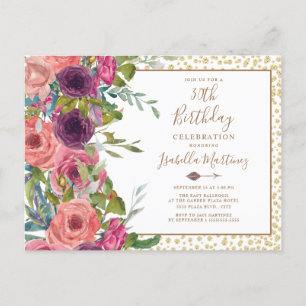 Burgundy Pink Floral Gold Glitter 30th Birthday Invitation Postcard