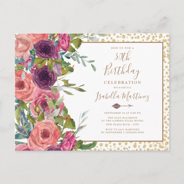 Burgundy Pink Floral Gold Glitter 30th Birthday Invitation Postcard (Front)