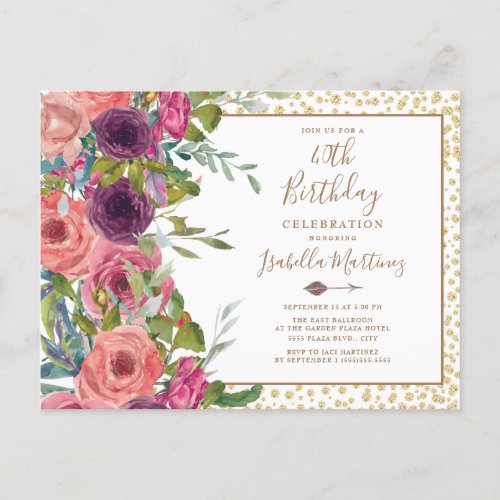 Burgundy Pink Floral Gold Glitter 40th Birthday Invitation Postcard