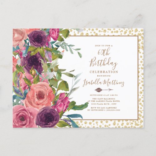 Burgundy Pink Floral Gold Glitter 60th Birthday Invitation Postcard