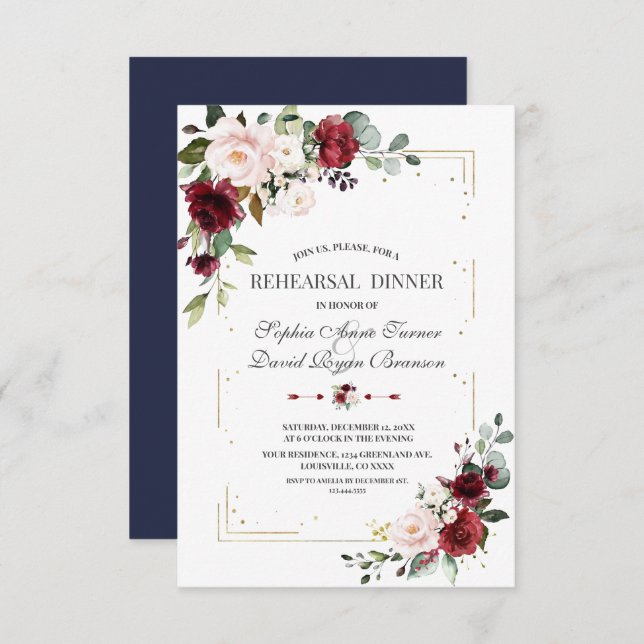 Burgundy Pink Floral Gold Glitter Rehearsal Dinner Invitation (Front/Back)