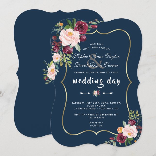 Burgundy Pink Floral Gold Navy Blue Wedding Invitation (Front/Back)