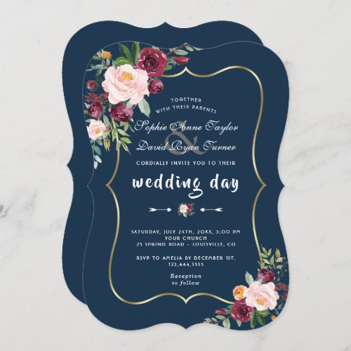 Burgundy Pink Floral Gold Navy Blue Wedding Invitation