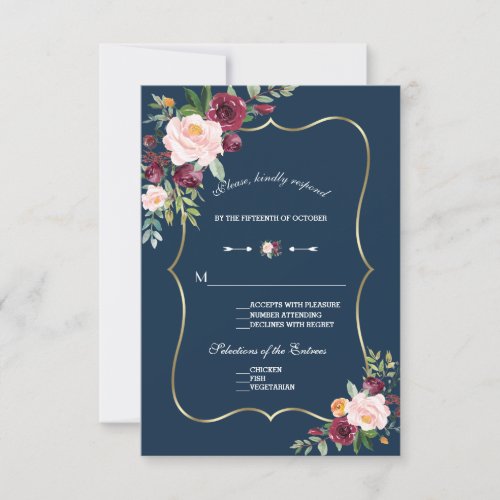 Burgundy Pink Floral Gold Navy Blue Wedding RSVP Card