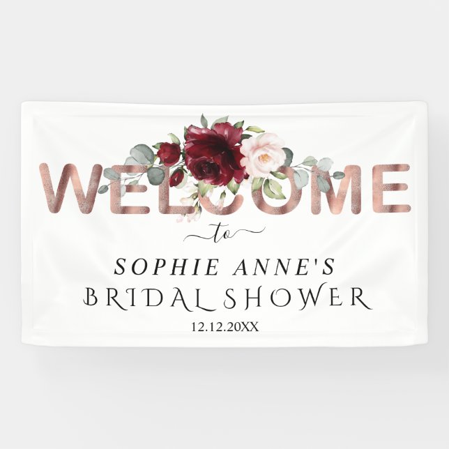 Burgundy Pink Floral Gold Welcome Bridal Shower Banner (Horizontal)