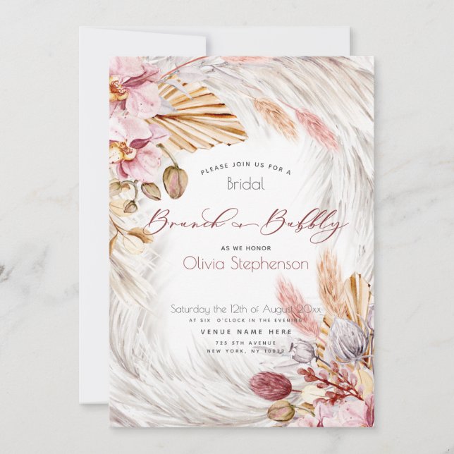 Burgundy Pink Floral Ivory Pampas Grass Invitation (Front)