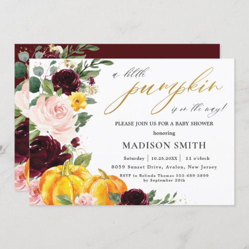 Burgundy Pink Floral Little Pumpkin Baby Shower    Invitation