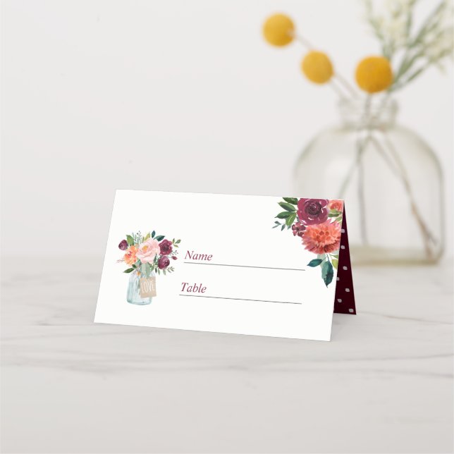 Burgundy Pink Floral Mason Jar Wedding Place Card (Front)
