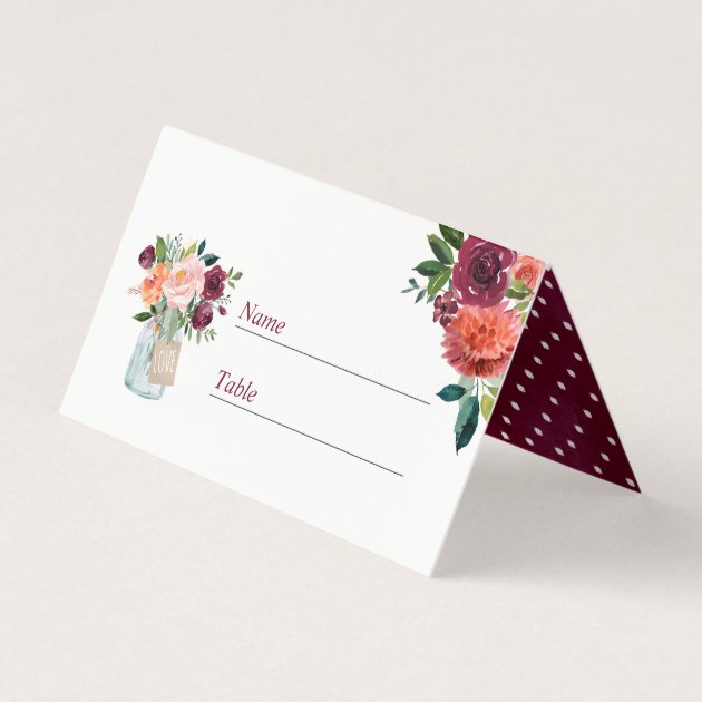Burgundy Pink Floral Mason Jar Wedding Place Card