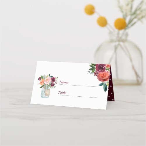 Burgundy Pink Floral Mason Jar Wedding Place Card