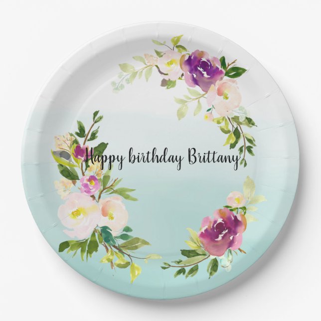 Burgundy Pink Floral Mint Ombre watercolor Paper Plates (Front)