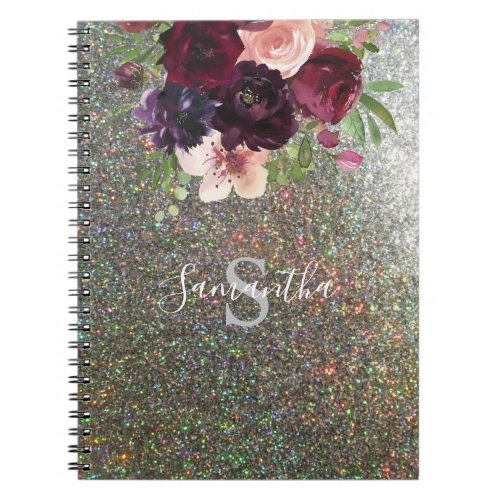 Burgundy   Pink Floral Monogram _ Silver Glitter Notebook