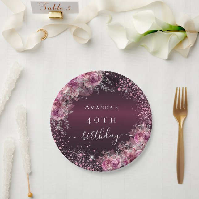 Burgundy pink floral name elegant birthday paper plates (Wedding)