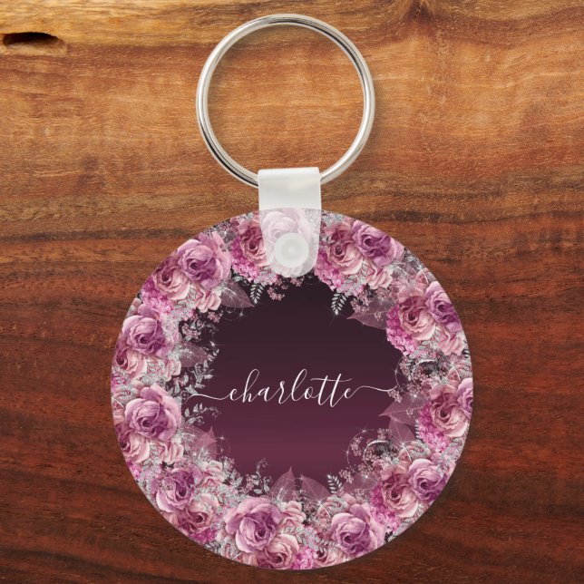 Burgundy pink floral name script keychain (Back)