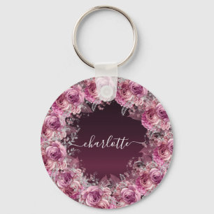 Burgundy pink floral name script keychain