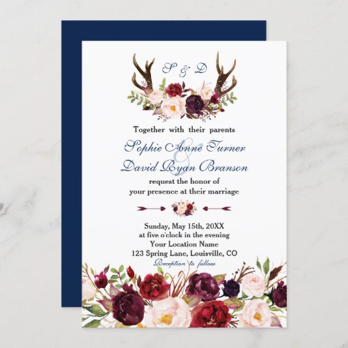 Burgundy Pink Floral Navy Antlers Monogram Wedding Invitation
