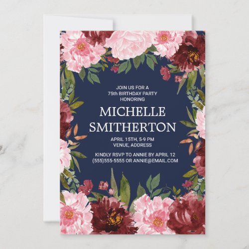 Burgundy Pink Floral Navy Blue 75th Birthday Invitation