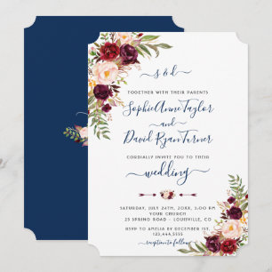 Burgundy Pink Floral Navy Blue Calligraphy Wedding Invitation