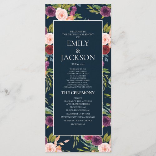 Burgundy Pink Floral Navy Blue Wedding Program