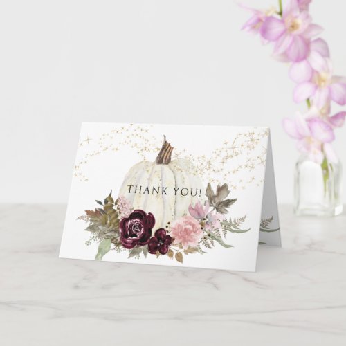 Burgundy Pink Floral Pumpkin Gold Star Thank You Card