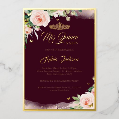 Burgundy Pink Floral Quinceanera Birthday  Foil In Foil Invitation
