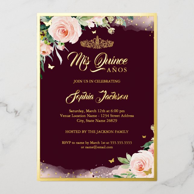 Burgundy Pink Floral Quinceanera Birthday  Foil In Foil Invitation (Front)