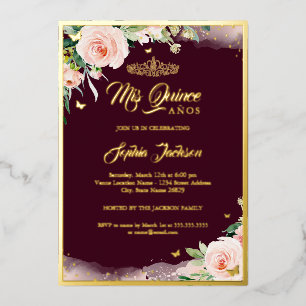 Burgundy Pink Floral Quinceanera Birthday  Foil In Invitation