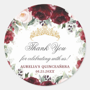 Burgundy Pink Floral Quinceanera Favor Thank You   Classic Round Sticker