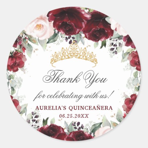 Burgundy Pink Floral Quinceanera Favor Thank You   Classic Round Sticker