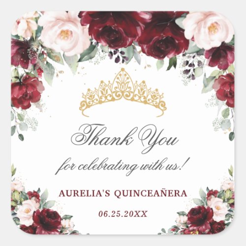 Burgundy Pink Floral Quinceanera Favor Thank You  Square Sticker