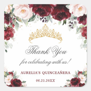 Burgundy Pink Floral Quinceanera Favor Thank You Square Sticker