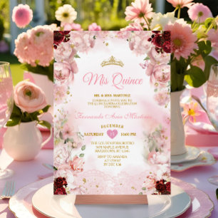 Burgundy Pink Floral  Ribbon Gold Crown Mis Quince Invitation