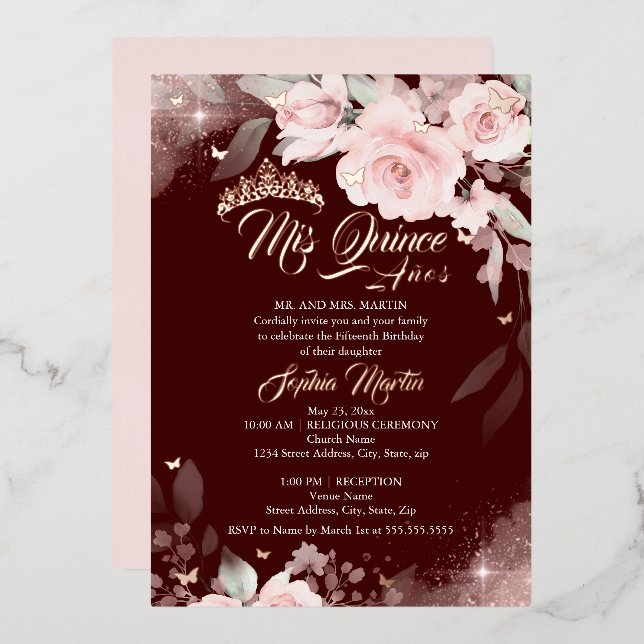 Burgundy Pink Floral Rose Mis Quince Quinceanera Foil Invitation (Front/Back)