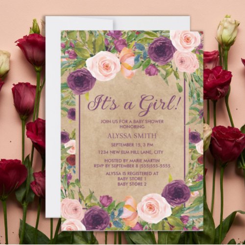 Burgundy Pink Floral Rustic Kraft Girl Baby Shower Invitation