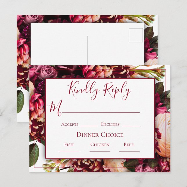 Burgundy Pink Floral Script Wedding RSVP Postcard (Front/Back)
