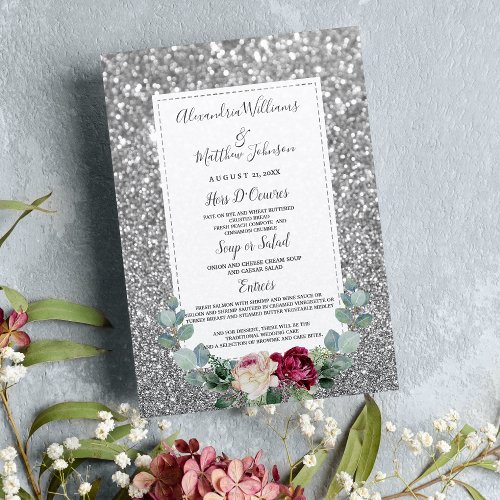 Burgundy pink floral silver glitter Wedding Menu