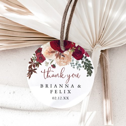 Burgundy Pink Floral Thank You Wedding Favor  Classic Round Sticker