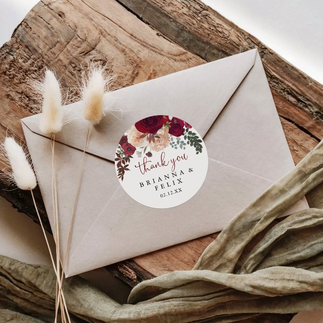 Burgundy Pink Floral Thank You Wedding Favor  Classic Round Sticker (Creator Uploaded)