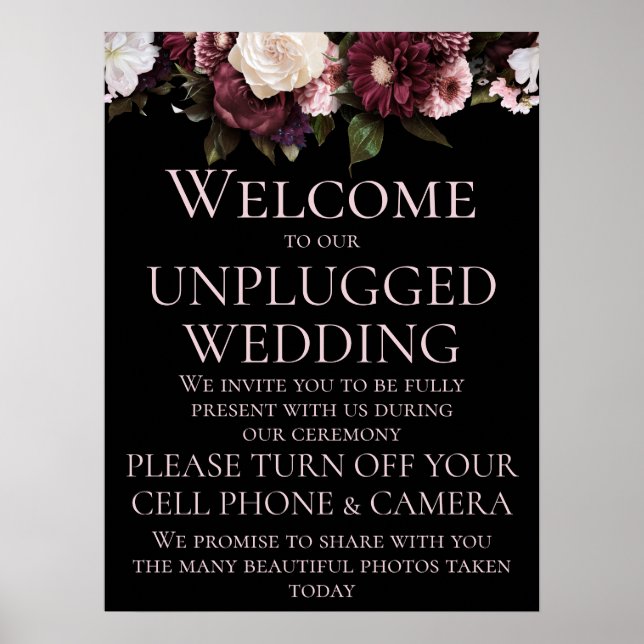 Burgundy & Pink Floral Unplugged Wedding Ceremony Poster (Front)