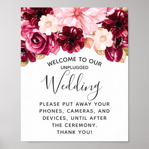 Burgundy Pink Floral Unplugged Wedding Table Sign