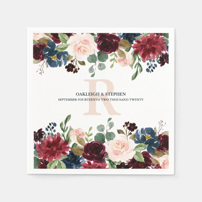 Burgundy Pink Floral Watercolor Monogram Wedding Napkins (Front)