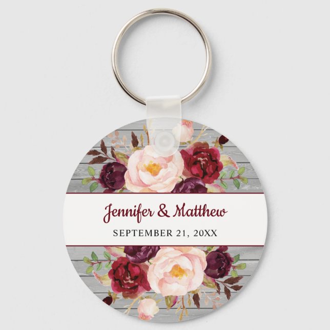 Burgundy Pink Floral Wedding Bridal Party Favor Keychain (Front)
