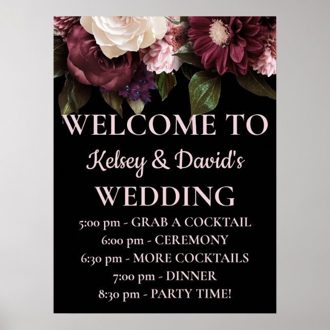 Burgundy & Pink Floral Wedding Details Welcome  Poster (Front)