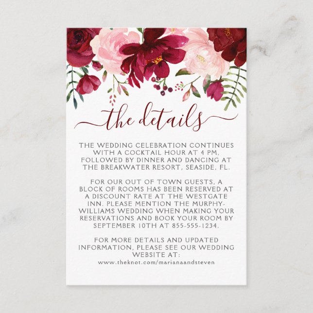 Burgundy Pink Floral Wedding Enclosure  Card (Front)