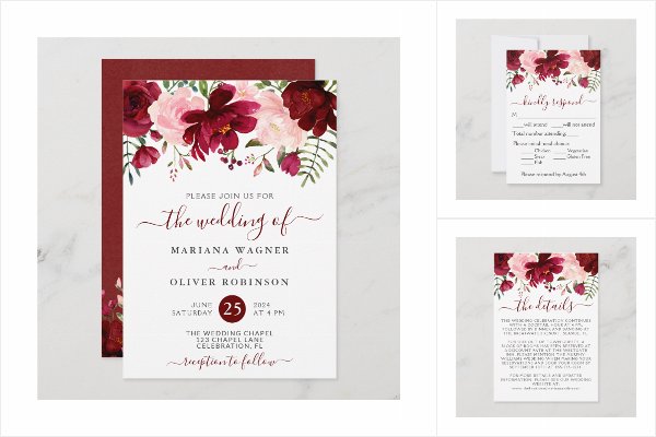 Burgundy Pink Floral Wedding Invitation Collection