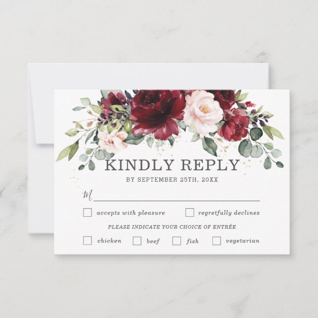 Burgundy Pink Floral Wedding Meal Choice RSVP Card (Front)