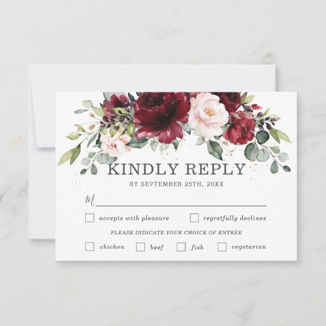 Burgundy Pink Floral Wedding Meal Choice RSVP Card