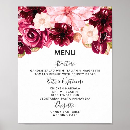 Burgundy  Pink Floral Wedding Menu Table Sign